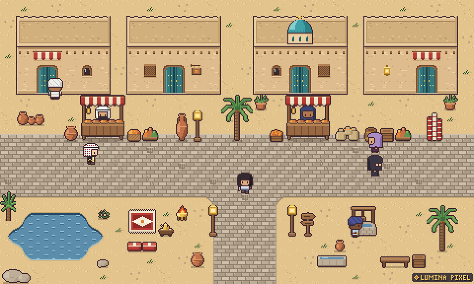 Animated souk tileset with rippling water and lanterns